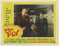 1f219 FLY LC #7 1958 Vincent Price & Herbert Marshall confused by giant press in laboratory!