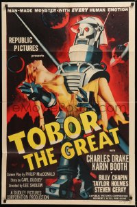 1f169 TOBOR THE GREAT 1sh 1954 man-made funky robot with human emotions carrying sexy girl!