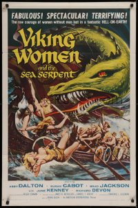 1f172 VIKING WOMEN & THE SEA SERPENT 1sh 1958 art of sexy female warriors attacked on ship!