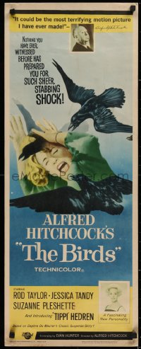 1g086 BIRDS insert 1963 Alfred Hitchcock shown, introducing Tippi Hedren, classic attack art!