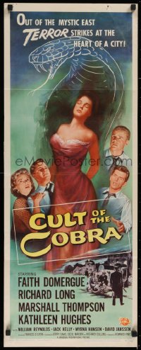 1g089 CULT OF THE COBRA insert 1955 artwork of sexy Faith Domergue & giant cobra snake!
