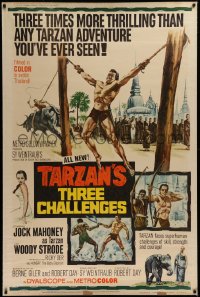 1h101 TARZAN'S THREE CHALLENGES 40x60 1963 Edgar Rice Burroughs, artwork of bound Jock Mahoney!