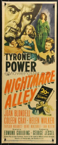 1h202 NIGHTMARE ALLEY insert 1947 art of Tyrone Power with cigarette, Joan Blondell, ultra-rare!