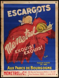 1h055 ESCARGOTS MENETREL 47x63 French advertising poster 1930s art of snail hunted by man w/fork!