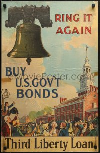 1h172 THIRD LIBERTY LOAN 18x28 WWI war poster 1918 art of Liberty Bell and crowd at Liberty Hall!