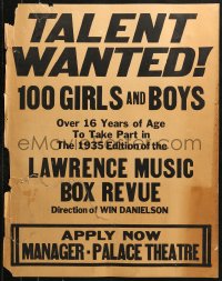 1h190 LAWRENCE MUSIC BOX REVUE stage play jumbo WC 1935 open casting call for 100 girls and boys!