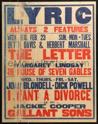 1h193 LYRIC THEATRE jumbo WC 1940 advertising The House of Seven Gables, The Letter and more!