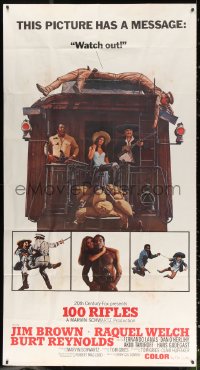 1j227 100 RIFLES int'l 3sh 1969 Jim Brown, sexy Raquel Welch & Burt Reynolds on back of train!