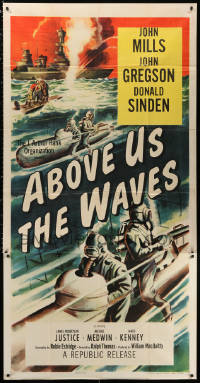 1j230 ABOVE US THE WAVES 3sh 1956 cool different art of WWII Navy frogmen on mini-submarines!
