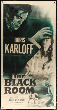 1j259 BLACK ROOM 3sh R1955 great close image of creepy Boris Karloff & scared Marian Marsh, horror!