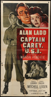 1j269 CAPTAIN CAREY, U.S.A. style A 3sh 1950 close-up artwork of WWII soldier Alan Ladd, Mona Lisa!