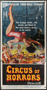 1j277 CIRCUS OF HORRORS 3sh 1960 outrageous horror art of trapeze girl hanging by her neck!
