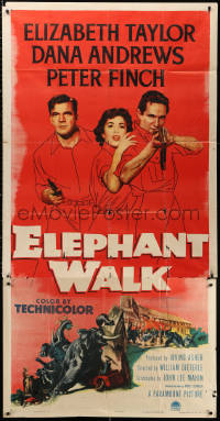 1j297 ELEPHANT WALK 3sh 1954 Elizabeth Taylor, Dana Andrews & Peter Finch, art by Rehberger, rare!