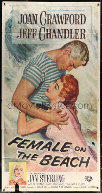 1j304 FEMALE ON THE BEACH 3sh 1955 romantic art of scared Joan Crawford embracing Jeff Chandler!