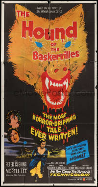 1j330 HOUND OF THE BASKERVILLES 3sh 1959 Cushing as Sherlock, great blood-dripping dog art!