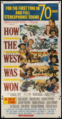 1j331 HOW THE WEST WAS WON 3sh R1969 John Ford epic, stars & action art by Reynold Brown