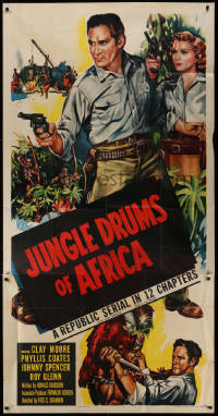 1j343 JUNGLE DRUMS OF AFRICA 3sh 1952 art of Clayton Moore w/gun & Phyllis Coates, Republic serial!