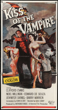 1j350 KISS OF THE VAMPIRE 3sh 1963 Hammer, cool art of devil bats attacking by Joseph Smith!