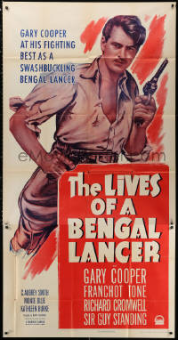 1j364 LIVES OF A BENGAL LANCER 3sh R1950 great portrait of Gary Cooper at his fighting best!