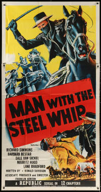 1j376 MAN WITH THE STEEL WHIP 3sh 1954 serial, cool art of masked hero on horse lashing his whip!