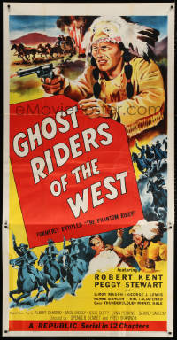 1j411 PHANTOM RIDER 3sh R1954 Republic serial, art of Native American, Ghost Riders of the West!