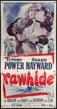 1j425 RAWHIDE 3sh R1956 great art of cowboy Tyrone Power holding pretty Susan Hayward!