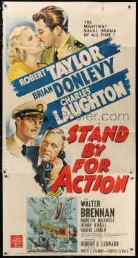 1j447 STAND BY FOR ACTION style B 3sh 1943 art of Navy sailors Robert Taylor, Laughton & Donlevy!