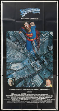 1j458 SUPERMAN 3sh 1978 hero Christopher Reeve flying from Metropolis, Gene Hackman, Marlon Brando
