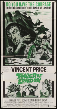 1j476 TOWER OF LONDON 3sh 1962 Vincent Price, Roger Corman, montage of horror artwork!
