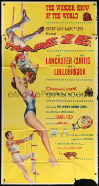 1j478 TRAPEZE 3sh 1956 great circus art of Burt Lancaster, Gina Lollobrigida & Tony Curtis!