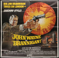 1j135 BRANNIGAN int'l 6sh 1975 best art of detective John Wayne with gun drawn in London, rare!