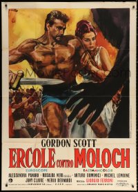 1j799 HERCULES AGAINST MOLOCH Italian 1p 1963 Ciriello art of strongman Gordon Scott protecting girl