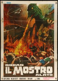 1j912 RODAN Italian 1p R1968 Sora no Daikaiju Radon, art of the Flying Monster ravaging city!