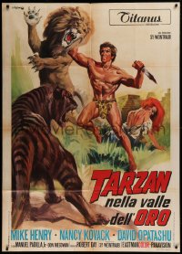1j957 TARZAN & THE VALLEY OF GOLD Italian 1p 1970 different art of Henry battling lion & tiger!