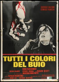 1j961 THEY'RE COMING TO GET YOU Italian 1p 1975 c/u of scared Edwige Fenech & bloody hand!