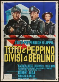 1j970 TOTO & PEPPINO DIVIDED IN BERLIN Italian 1p 1962 Olivetti art of the comedy duo as guards!