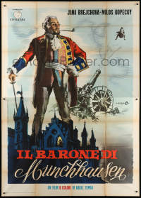 1j563 FABULOUS BARON MUNCHAUSEN Italian 2p 1964 Cesselon art of Baron Munchausen by cannon!