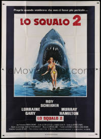 1j592 JAWS 2 Italian 2p 1978 great classic art of giant shark attacking girl on water skis by Lou Feck!