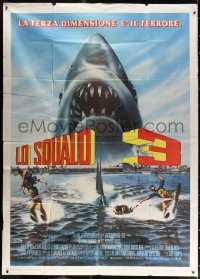 1j593 JAWS 3-D Italian 2p 1983 great enormous shark artwork, the third dimension is terror!