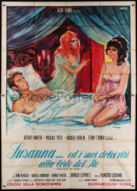 1j653 SEXY SUSAN SINS AGAIN Italian 2p 1968 Avelli art of Jeffrey Hunter in bed with two sexy girls!