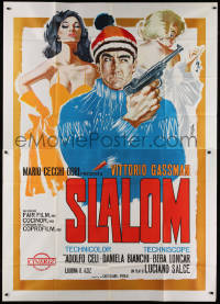 1j660 SLALOM Italian 2p 1965 Symeoni art of ski spy Vittorio Gassman with gun & sexy ladies!