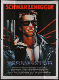1j676 TERMINATOR Italian 2p 1985 super c/u of most classic cyborg Arnold Schwarzenegger with gun!