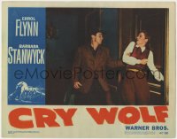 1k310 CRY WOLF LC #5 1947 Errol Flynn grabs Barbara Stanwyck's arm to stop her from leaving!