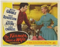 1k371 FARMER TAKES A WIFE LC #6 1953 Dale Robertson stares at angry Betty Grable holding cup!