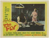 1k393 FLY LC #5 1958 Patricia Owens tries to approach hooded monster Al Hedison at desk!