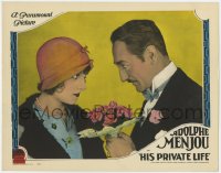 1k485 HIS PRIVATE LIFE LC 1928 close up of Adolphe Menjou giving flowers to pretty Kathryn Carver!
