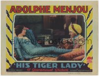 1k487 HIS TIGER LADY LC 1928 turbaned Adolphe Menjou stares at Evelyn Brent laying on divan!