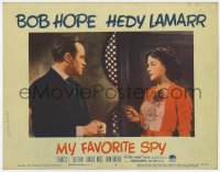 1k653 MY FAVORITE SPY LC #4 1951 close up of Hedy Lamarr pointing gun at Bob Hope!