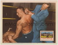 1k663 NIGHT & THE CITY LC #6 1950 Richard Widmark restrains wrestler Mike Mazurki in the ring!