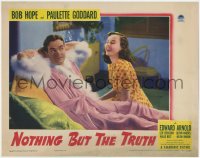 1k681 NOTHING BUT THE TRUTH LC 1941 sexy Paulette Goddard laughs at Bob Hope in pink woman's robe!